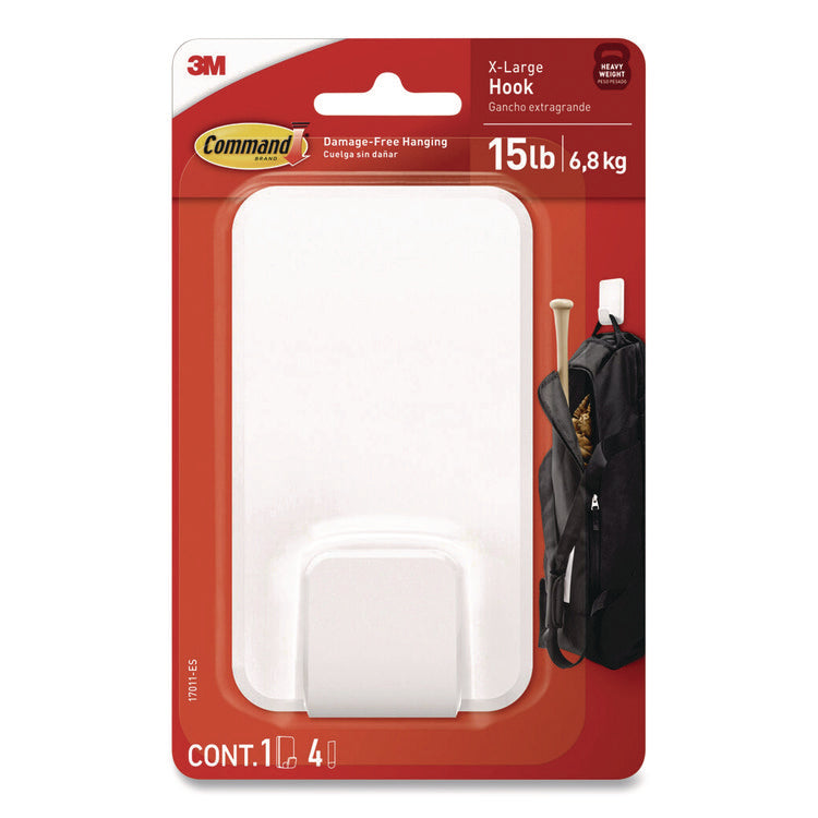 X-Large Utility Hooks, Plastic, White, 15 lb Capacity, 1 Hook and 4 Strips