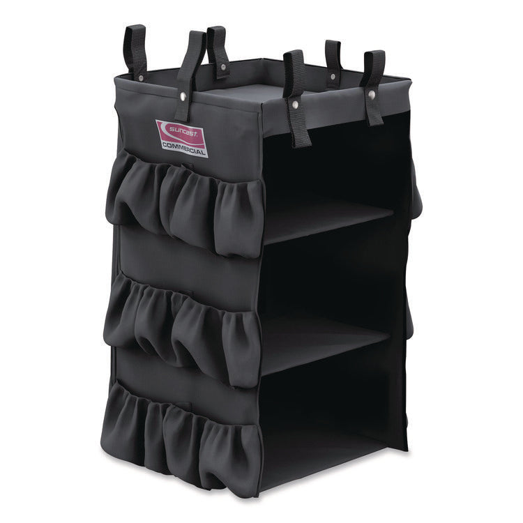 3-Sided Hanging Bag with Shelves for Suncast Commercial HKC1000/HKC2000 Housekeeping Carts, 25.4 gal, 15.7 x 12.4 x 30, Black