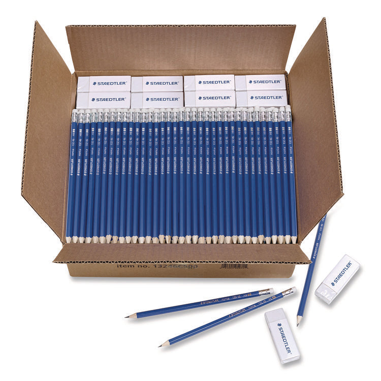 Pre-Sharpened Wooden Pencils with (40) Block Erasers, HB #2 Black Lead, Blue Barrel, 500/Pack