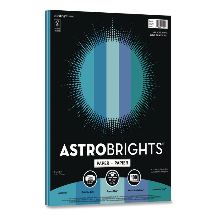 Color Paper - "Galactic Blues" Assortment, 24 lb Bond Weight, 8.5 x 11, Assorted Blue Colors, 100/Pack