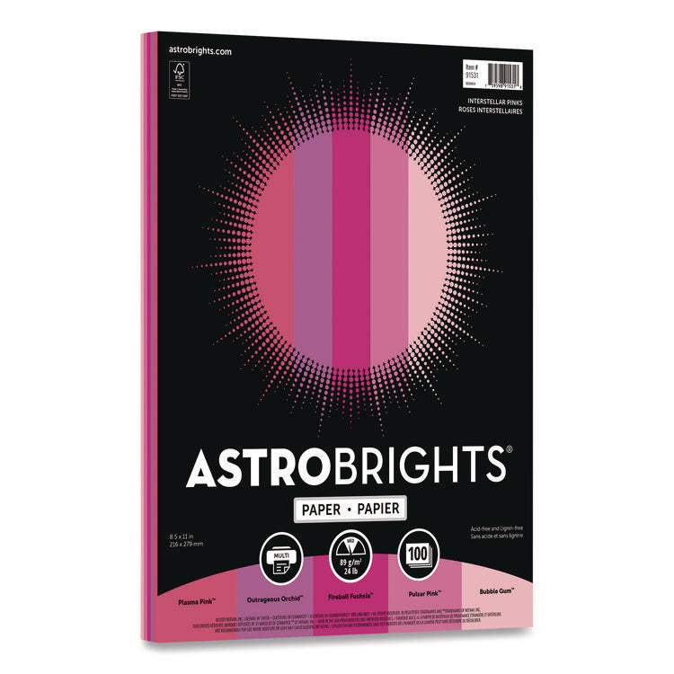 Color Paper - "Interstellar Pinks" Assortment, 24 lb Bond Weight, 8.5 x 11, Assorted Pink Colors, 100/Pack