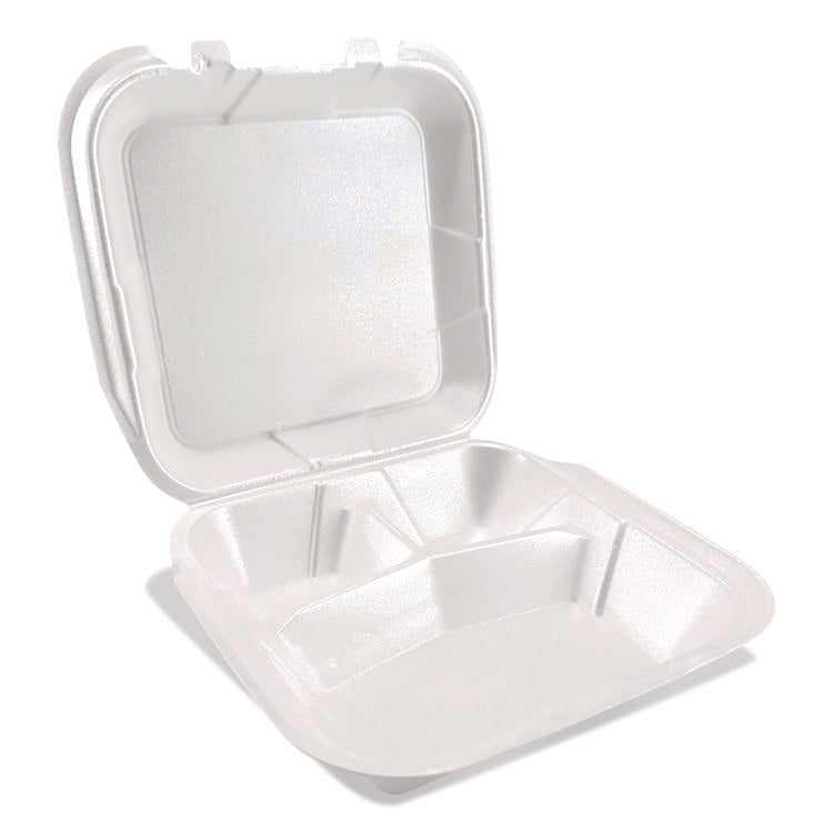 Foam Hinged Lid Containers, 3-Compartment, 9 x 10 x 3, White, Foam, 200/Carton