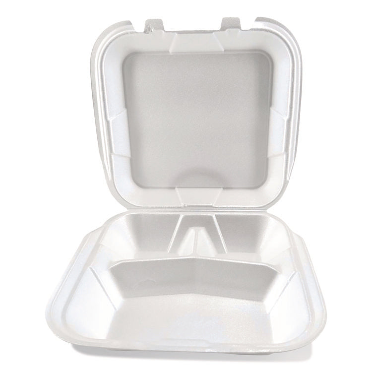 Foam Hinged Lid Containers, 3-Compartment, 9 x 10 x 3, White, Foam, 200/Carton