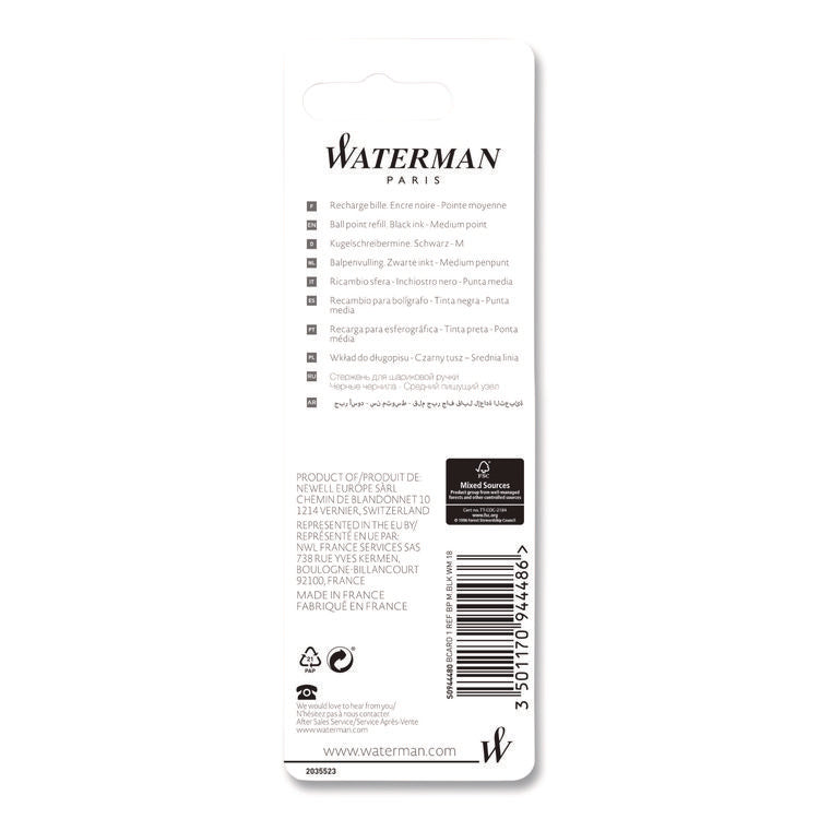 Refill For Waterman Ballpoint Pens, Medium Conical Tip, Black Ink