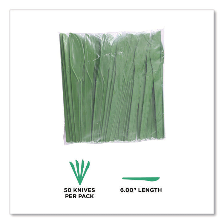 Plantware Compostable Cutlery, Knife, Plastic, Green, 1,000/Carton