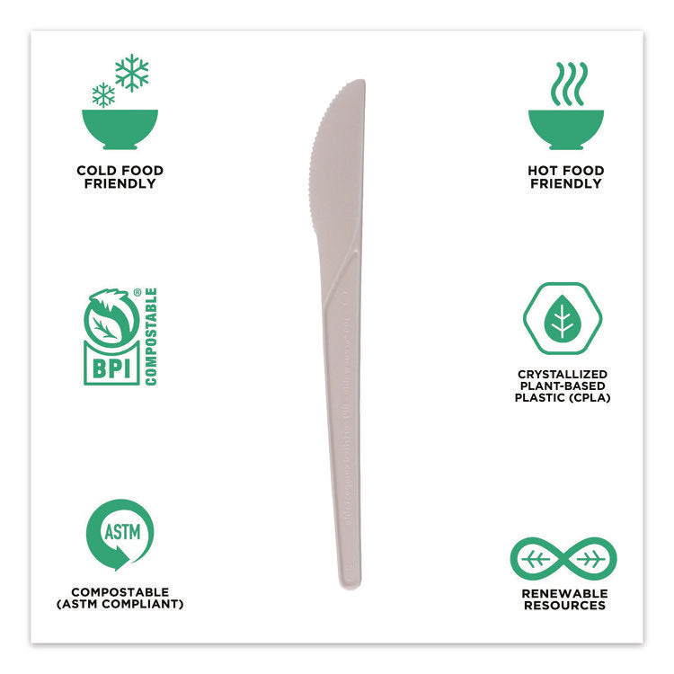 Plantware Compostable Cutlery, Knife, Plastic, White, 1,000/Carton