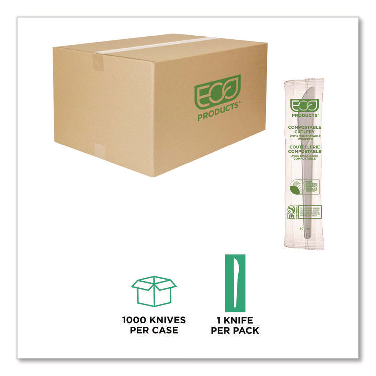 Plantware Compostable Cutlery, Knife, Plastic, White, 1,000/Carton