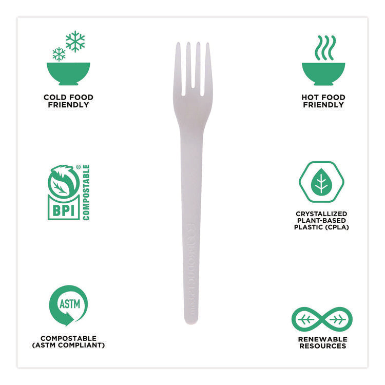 Plantware Compostable Cutlery, Fork, Plastic, White, 1,000/Carton