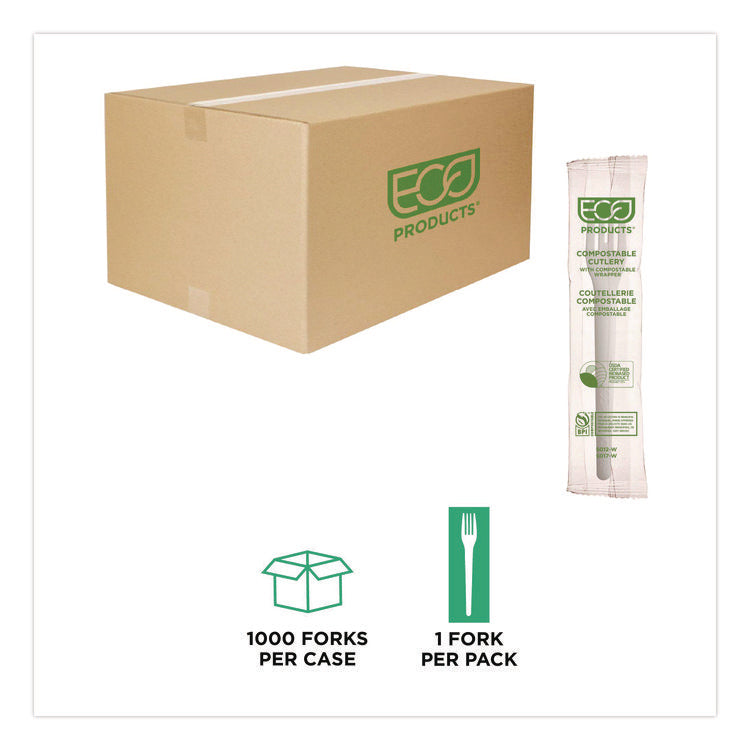 Plantware Compostable Cutlery, Fork, Plastic, White, 1,000/Carton