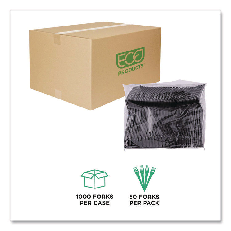 100% Recycled Content Cutlery, Fork, Plastic, Black, 50/Pack, 20 Packs/Carton