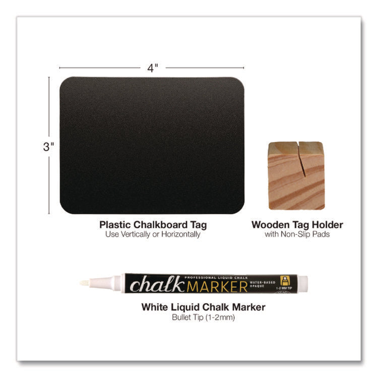 Tabletop Chalkboard Tag, Black Surface, Teak Wood Holder, 3 x 4, 6/Pack
