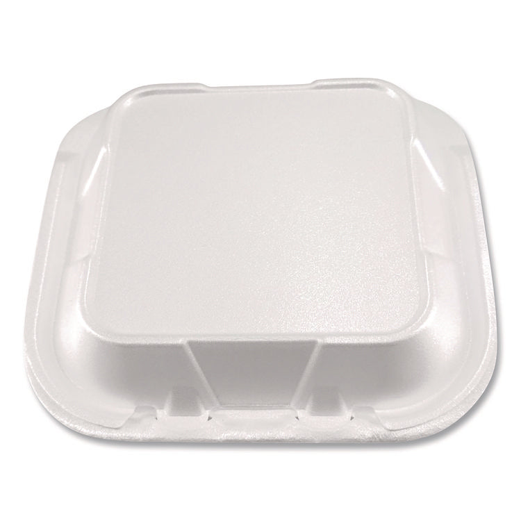 Foam Hinged Lid Containers, 3-Compartment, 8.56 x 8 x 2.76, White, Foam, 200/Carton