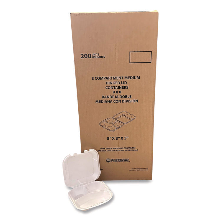 Foam Hinged Lid Containers, 3-Compartment, 8.56 x 8 x 2.76, White, Foam, 200/Carton