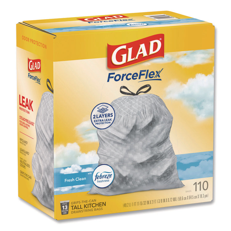 ForceFlex Tall Kitchen Drawstring Trash Bags, Drawstring, 13 gal, Fresh Clean Scent, 10.19 x 9.81, Gray, 110/Roll, 3/Carton
