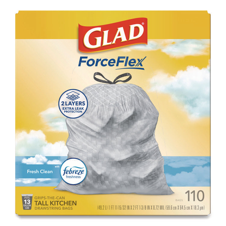 ForceFlex Tall Kitchen Drawstring Trash Bags, Drawstring, 13 gal, Fresh Clean Scent, 10.19 x 9.81, Gray, 110/Roll, 3/Carton