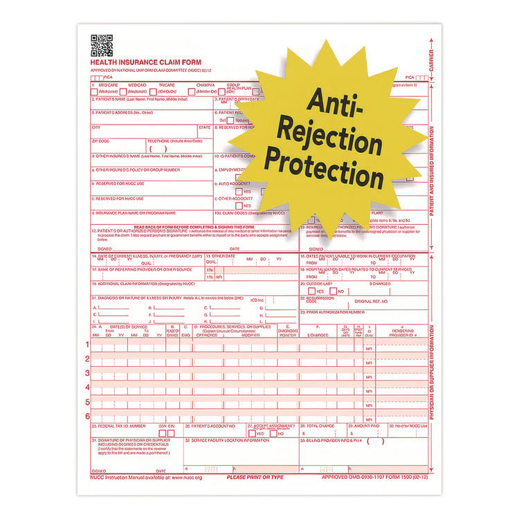CMS-1500 Health Insurance Claim Form, One-Part (No Copies), 8.5 x 11, 1,000 Forms Total