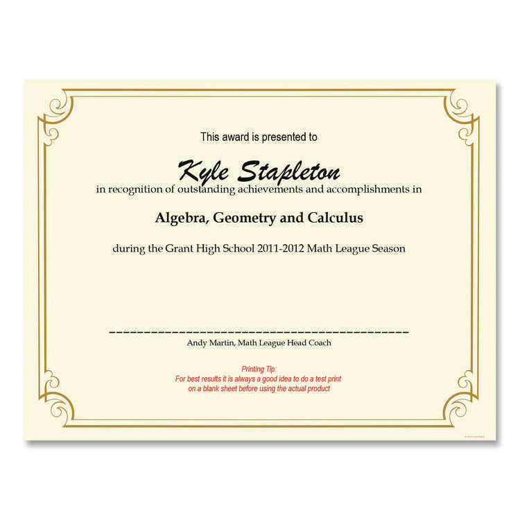 Golden Scroll Frame Foil Certificate, 11 x 8.5, Beige with Gold Scroll Border, 12/Pack