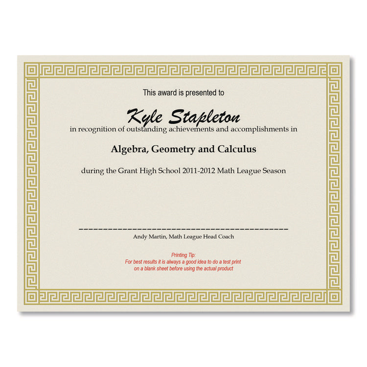 Foil Border Certificates, 8.5 X 11, Ivory/gold With Channel Gold Border, 12/pack