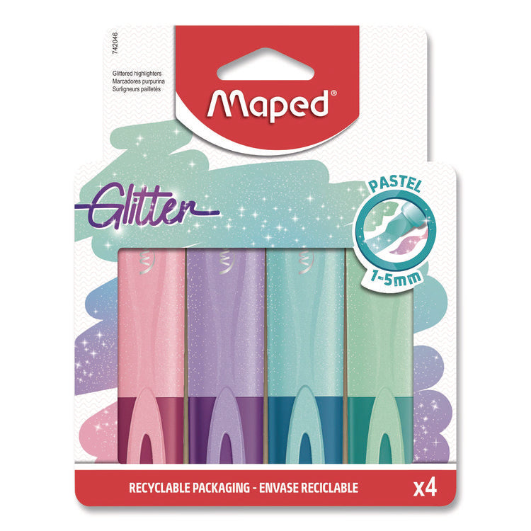 Fluo Peps Pastel Glitter Highlighter, Assorted Ink, Chisel Tip, Assorted Barrel, 4/Pack