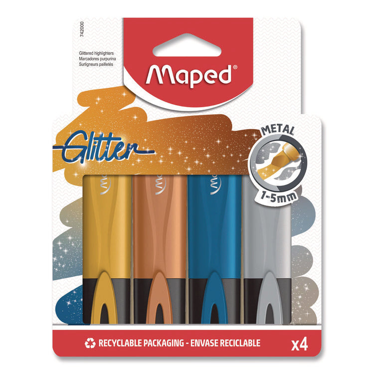 Fluo Peps Metallic Glitter Highlighter, Assorted Ink, Chisel Tip, Assorted Barrel, 4/Pack