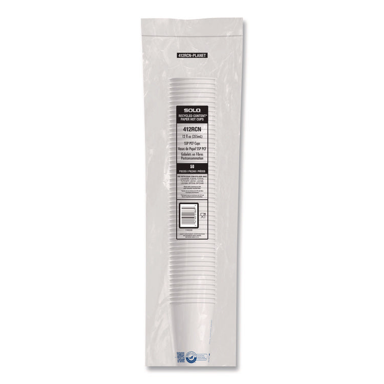 Recycled Content PCF Paper Hot Cups, ProPlanet Seal, 12 oz, White, 50/Pack