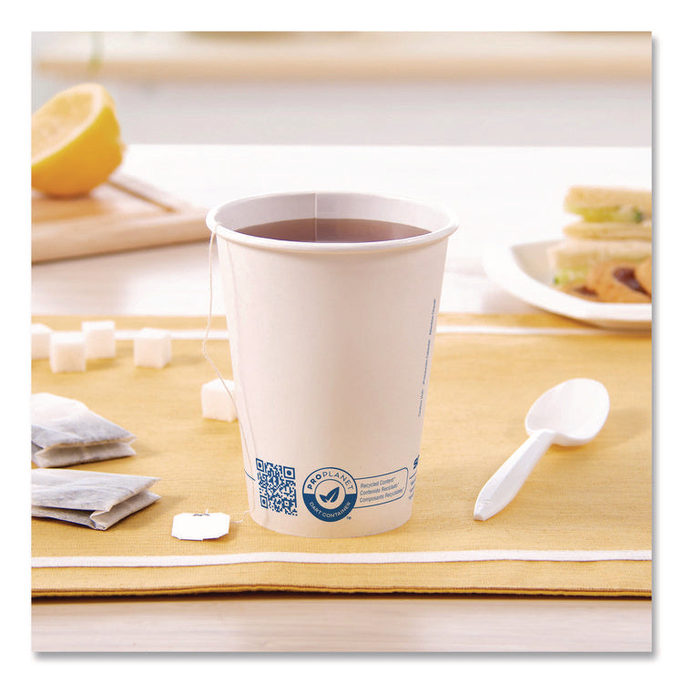 Recycled Content PCF Paper Hot Cups, ProPlanet Seal, 12 oz, White, 50/Pack