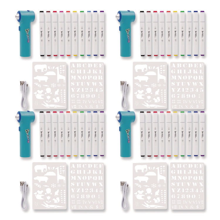 AirColor Airbrush Kit, (10) Markers/(2) Stencils/(1) Airbrush/(1) Charging Cable, 4 Kits/Carton