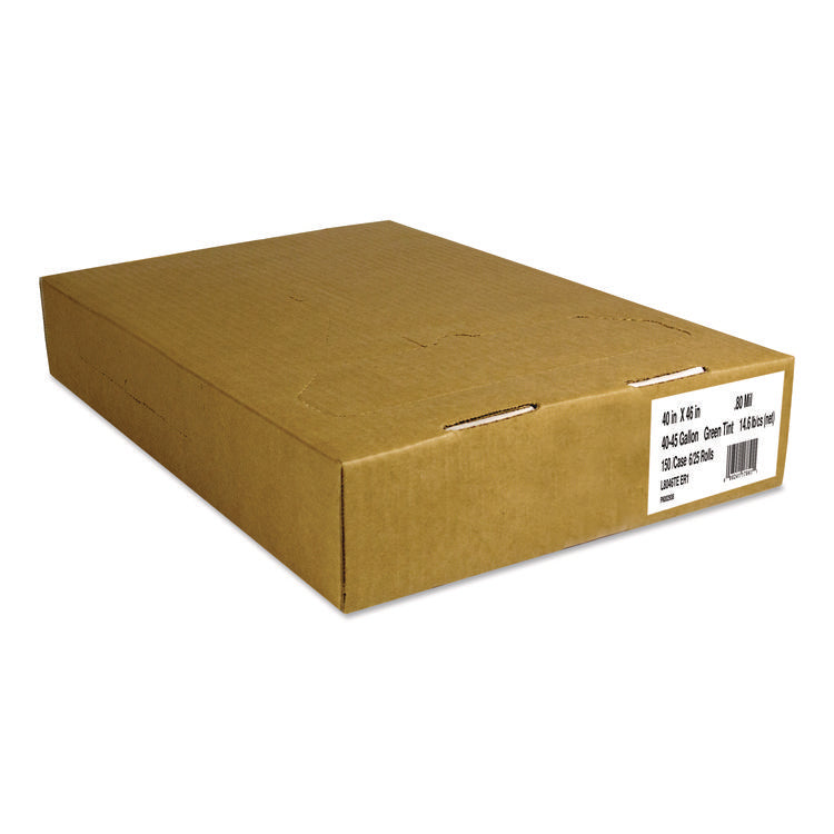 Eco Blend Max Can Liners, 45 gal, 0.8 mil, 40" x 46", Green, 25 Bags/Roll, 6 Rolls/Carton