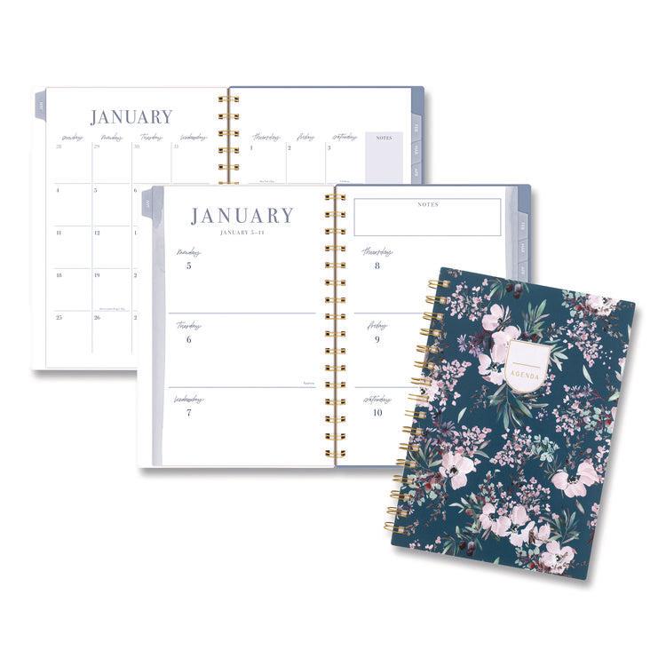 Weekly/Monthly Calista Floral Planners, 8.5 x 5.5, Floral Artwork, Blue/Purple/Green Cover, 13-Month: Jan 2026 to Jan 2027