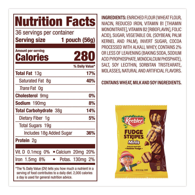Mini Cookies, Fudge Stripes, 2 oz Pouch, 36/Box