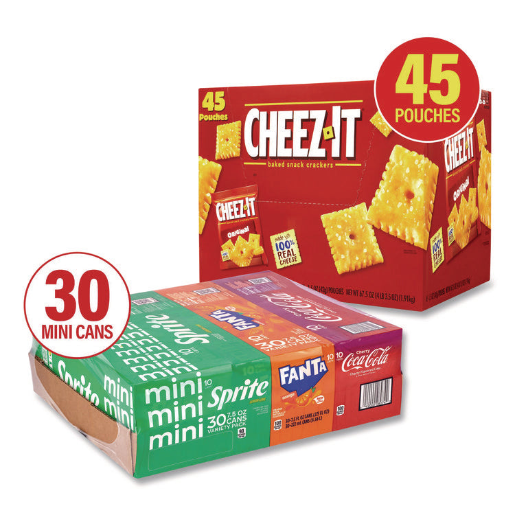 Soda Mini Variety and Cheez-It Combo Pack, (30) 7.5 oz Cans Assorted Flavors, (45) 1.5 oz Pouch Original Cheez-It/Bundle