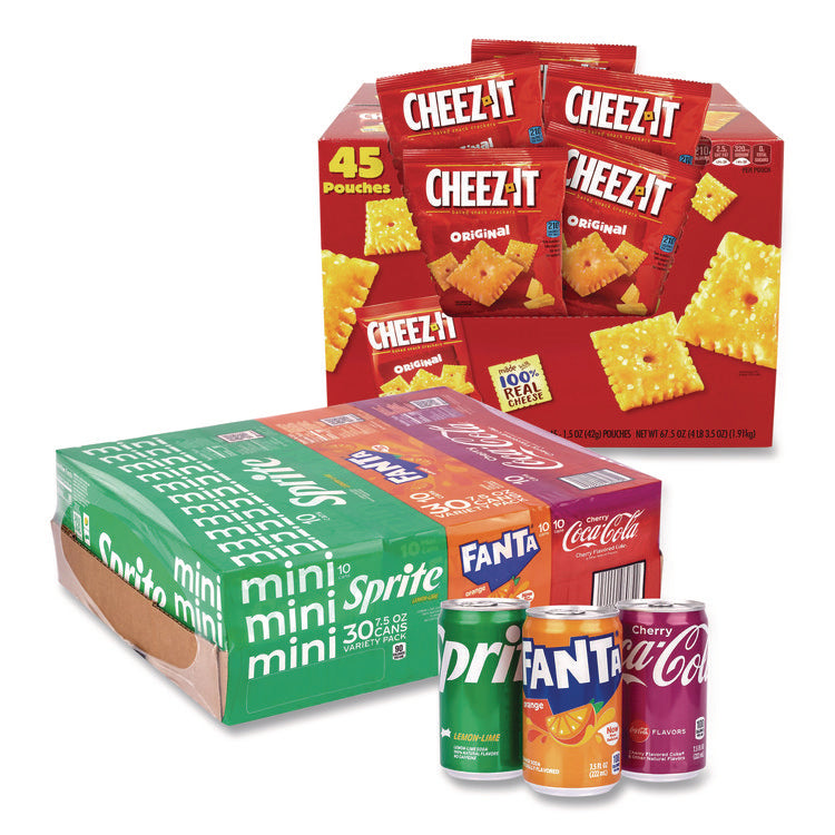 Soda Mini Variety and Cheez-It Combo Pack, (30) 7.5 oz Cans Assorted Flavors, (45) 1.5 oz Pouch Original Cheez-It/Bundle