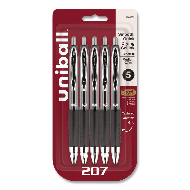 Signo 207 Gel Pen, Retractable, Medium 0.7 mm, Black Ink, Clear/Black Barrel, 5/Pack