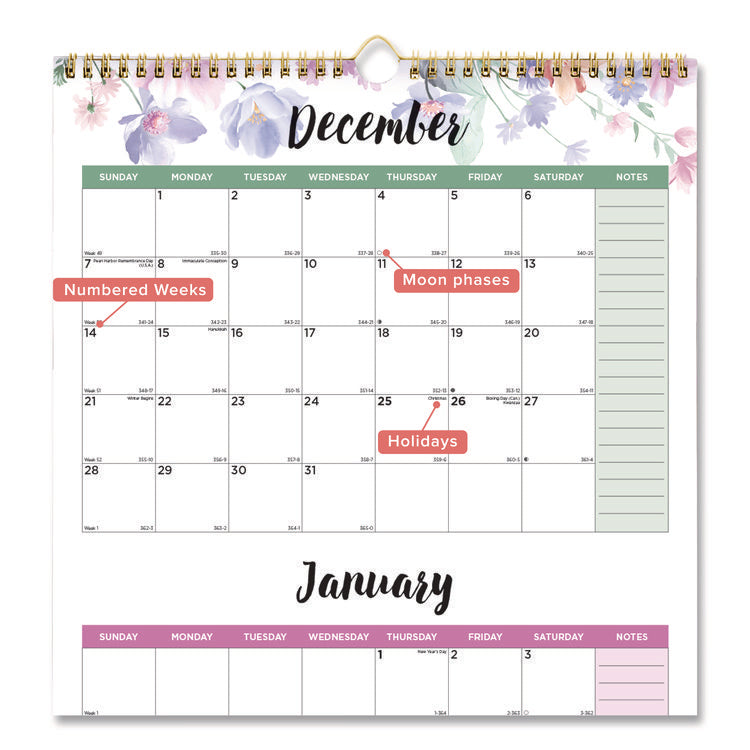 3-Month Wall Calendar, Colorful Leaves Artwork, 12.25 x 27, White/Multicolor Sheets, 14-Month (Dec to Jan): 2025