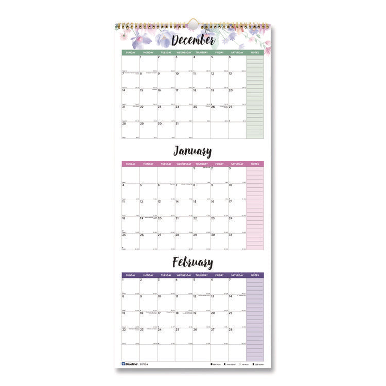 3-Month Wall Calendar, Colorful Leaves Artwork, 12.25 x 27, White/Multicolor Sheets, 14-Month (Dec to Jan): 2025