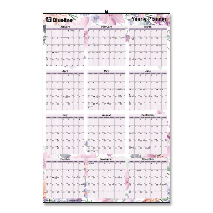 Yearly Laminated Wall Calendar, Tropical Watercolor Artwork, 36 x 24, White/Sand/Orange Sheets, 12-Month (Jan-Dec): 2025