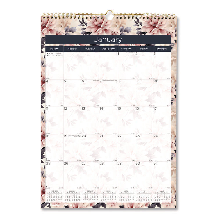 12-Month Colorful Wall Calendar, Floral Artwork, 12 x 17, White Sheets, 12-Month (Jan to Dec): 2025