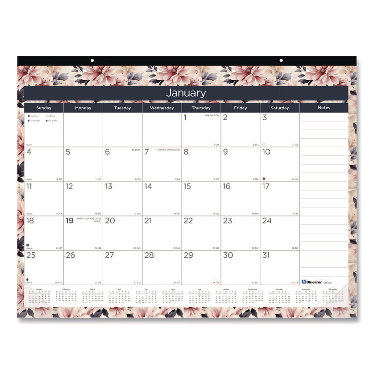 Monthly Desk Pad Calendar, Floral Artwork, 22 x 17, Black Binding, Clear Corners, 12-Month (Jan-Dec): 2025