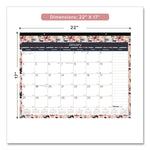 Monthly Desk Pad Calendar, Floral Artwork, 22 x 17, Black Binding, Clear Corners, 12-Month (Jan-Dec): 2025