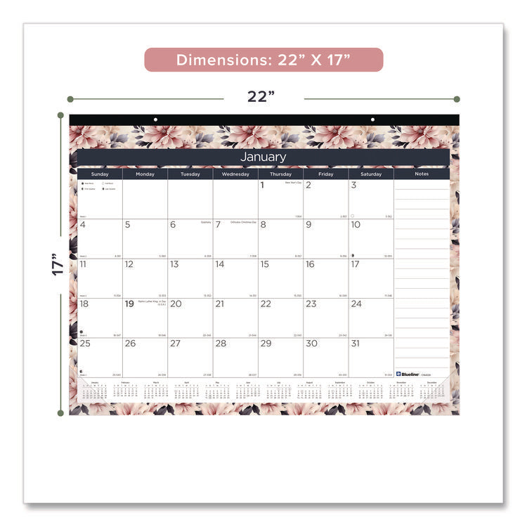 Monthly Desk Pad Calendar, Floral Artwork, 22 x 17, Black Binding, Clear Corners, 12-Month (Jan-Dec): 2025