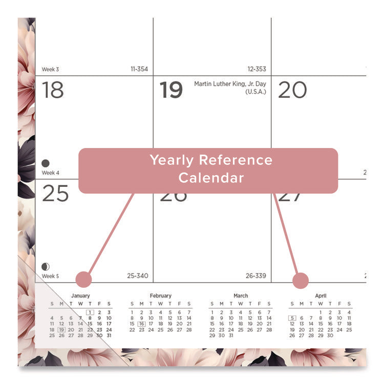 Monthly Desk Pad Calendar, Floral Artwork, 22 x 17, Black Binding, Clear Corners, 12-Month (Jan-Dec): 2025