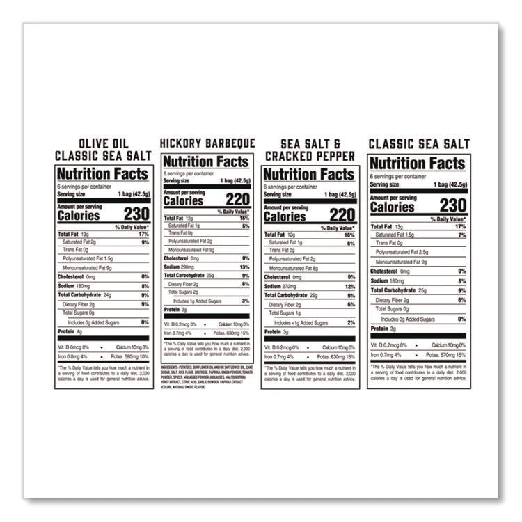 Chips Variety Pack, Hickory Barbeque, Sea Salt, Sea Salt and Cracked Pepper, Olive Oil, 1.5 oz, 24/Carton
