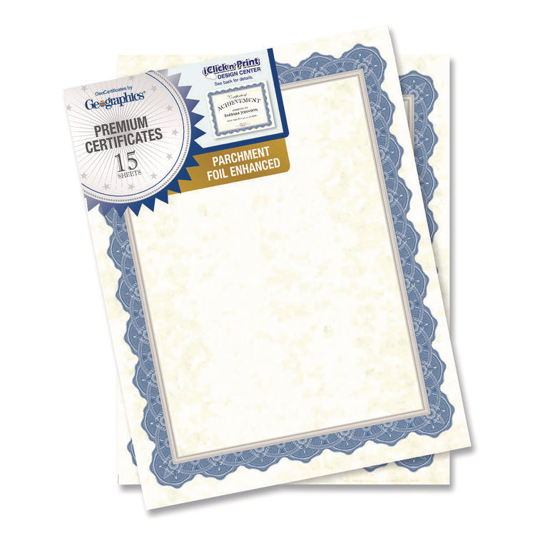 Award Certificates, 8.5 x 11, Natural with Braided Blue/Silver Border, 15/Pack