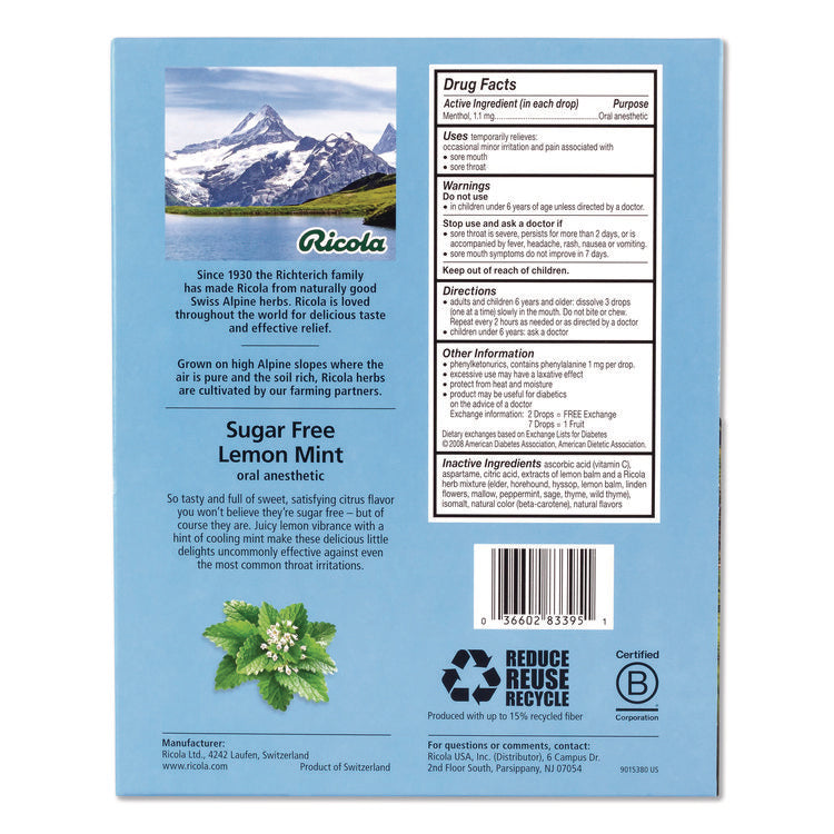 Sugar-Free Lemon Mint Herb Throat Drops, 65/Bag, 2 Bags/Pack