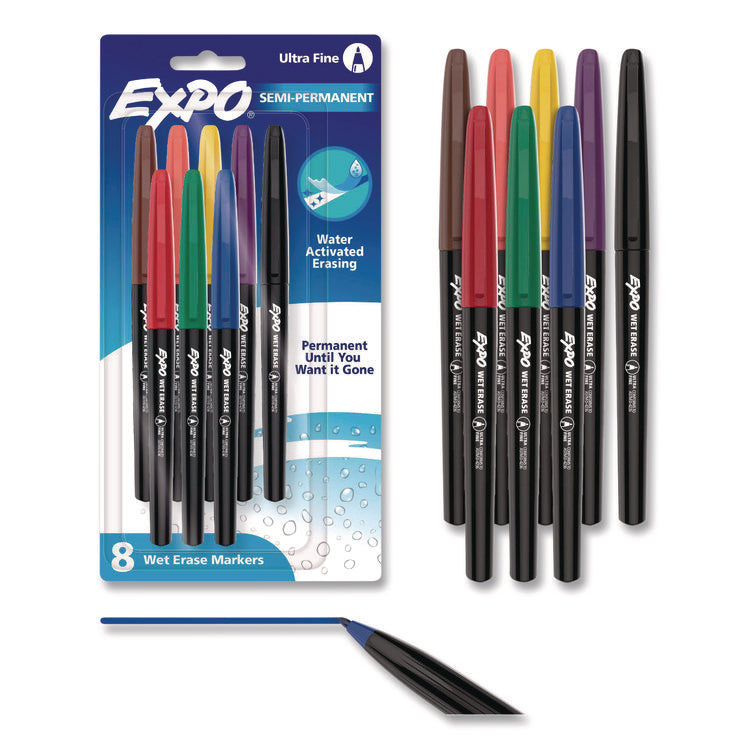 Wet Erase Marker, Fine Bullet Tip, Assorted Colors, 8/Pack