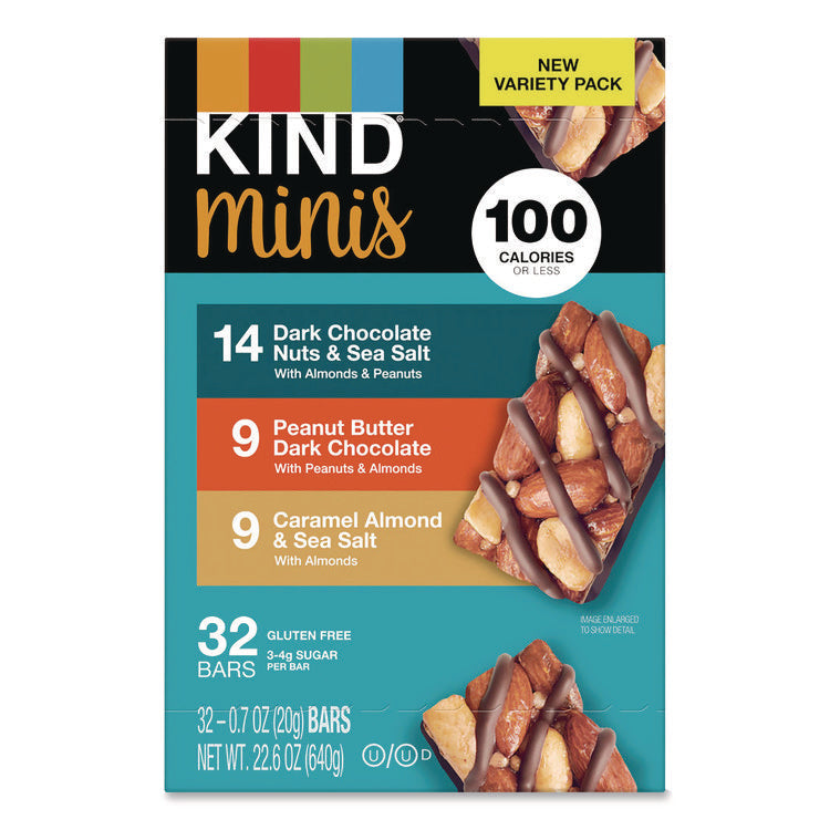 Minis, Dark Chocolate Nuts Sea Salt/Caramel Almond Nuts Sea Salt, 0.7 oz Bar, 32 Bars/Carton