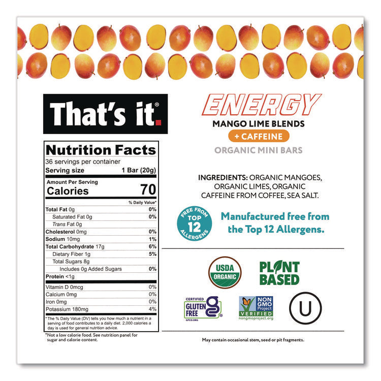 Organic Energy Bars, Mango Lime, 0.7 oz Bar, 36/Box