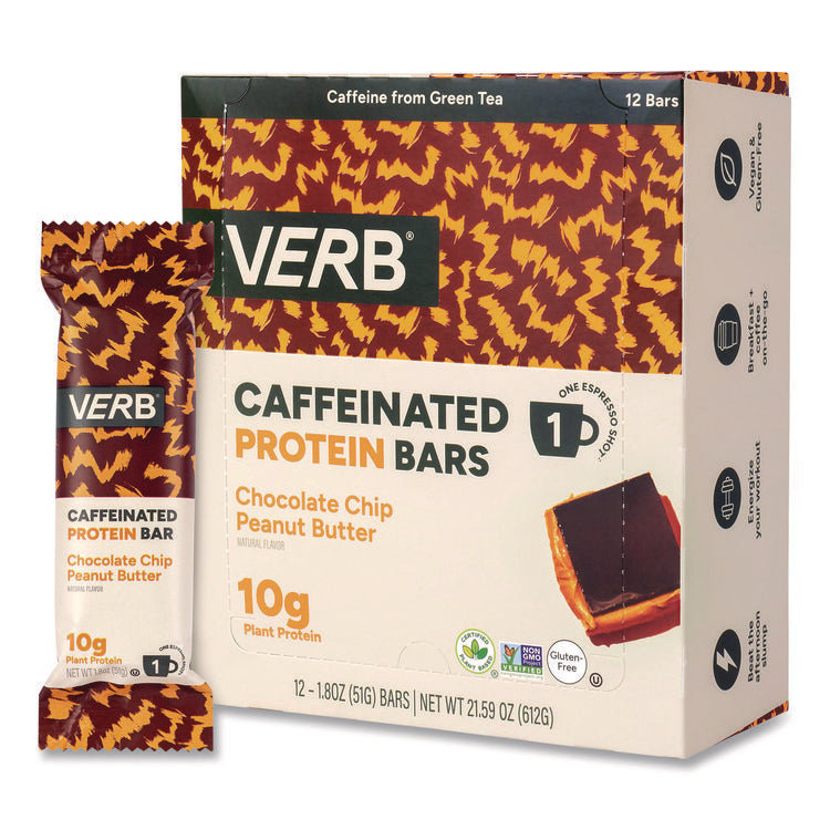 Caffeinated Protein Bar, Chocolate Chip Peanut Butter, 1.8 oz Bar, 12/Box