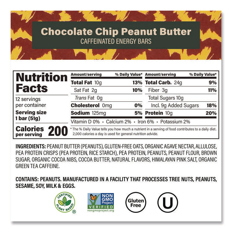 Caffeinated Protein Bar, Chocolate Chip Peanut Butter, 1.8 oz Bar, 12/Box