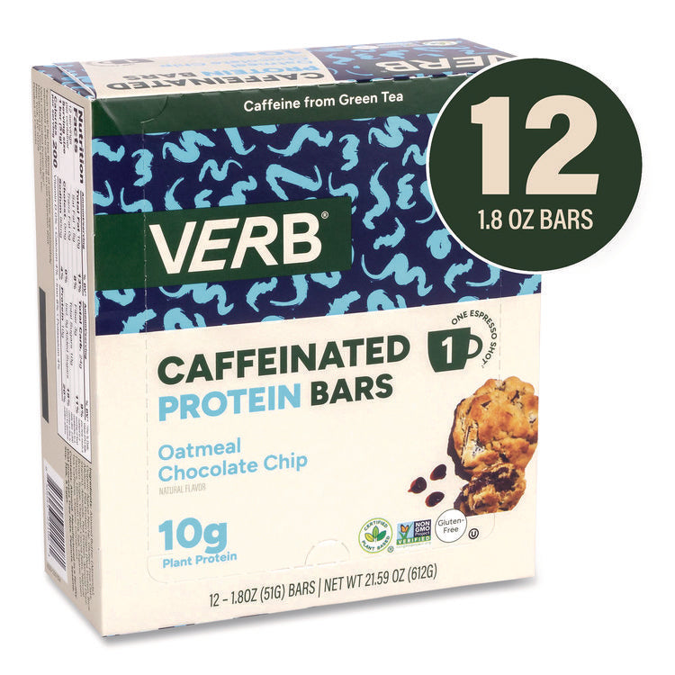 Caffeinated Protein Bar, Oatmeal Chocolate Chip, 1.8 oz Bar, 12/Box
